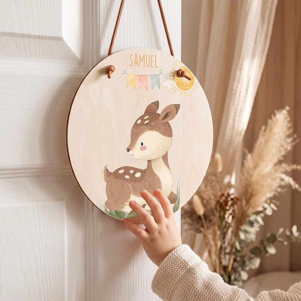 Türschild Kinderzimmer personalisiert mit Name Reh mit Wimpelkette