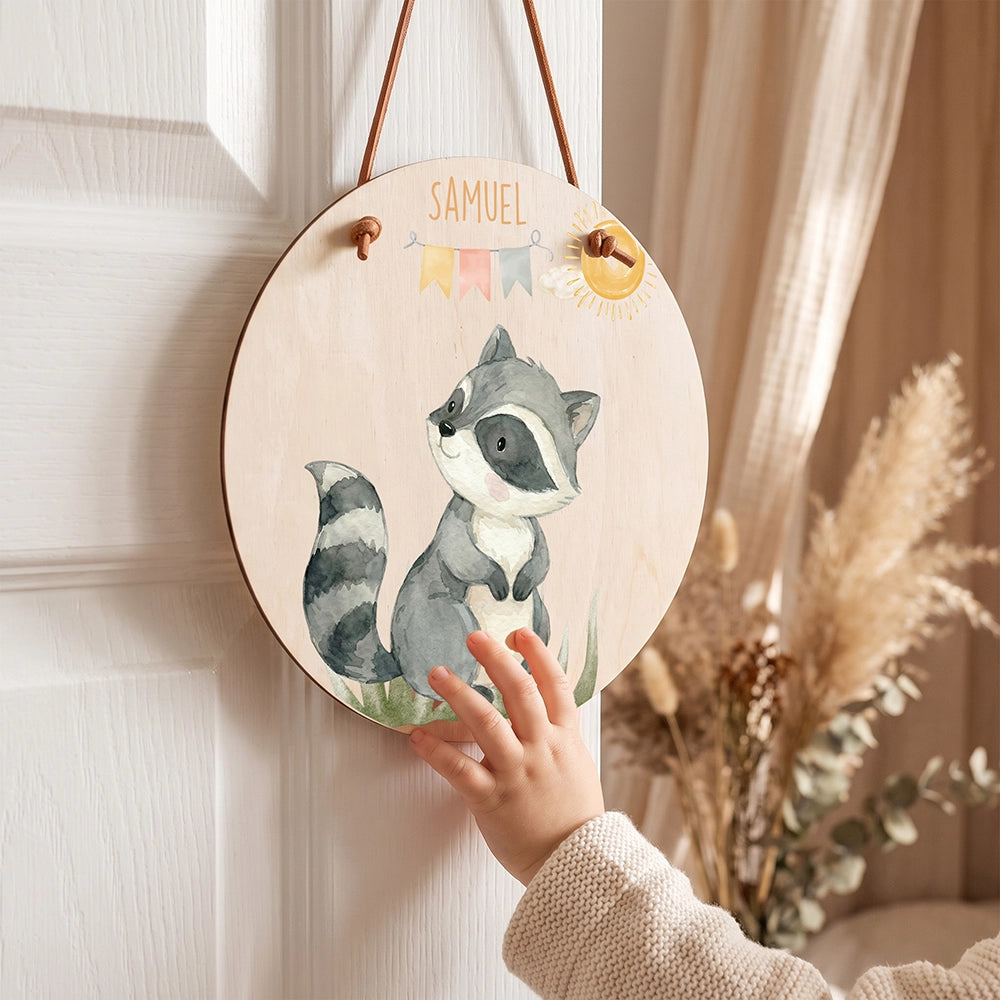 Türschild Kinderzimmer personalisiert Waschbär mit Wimpelkette