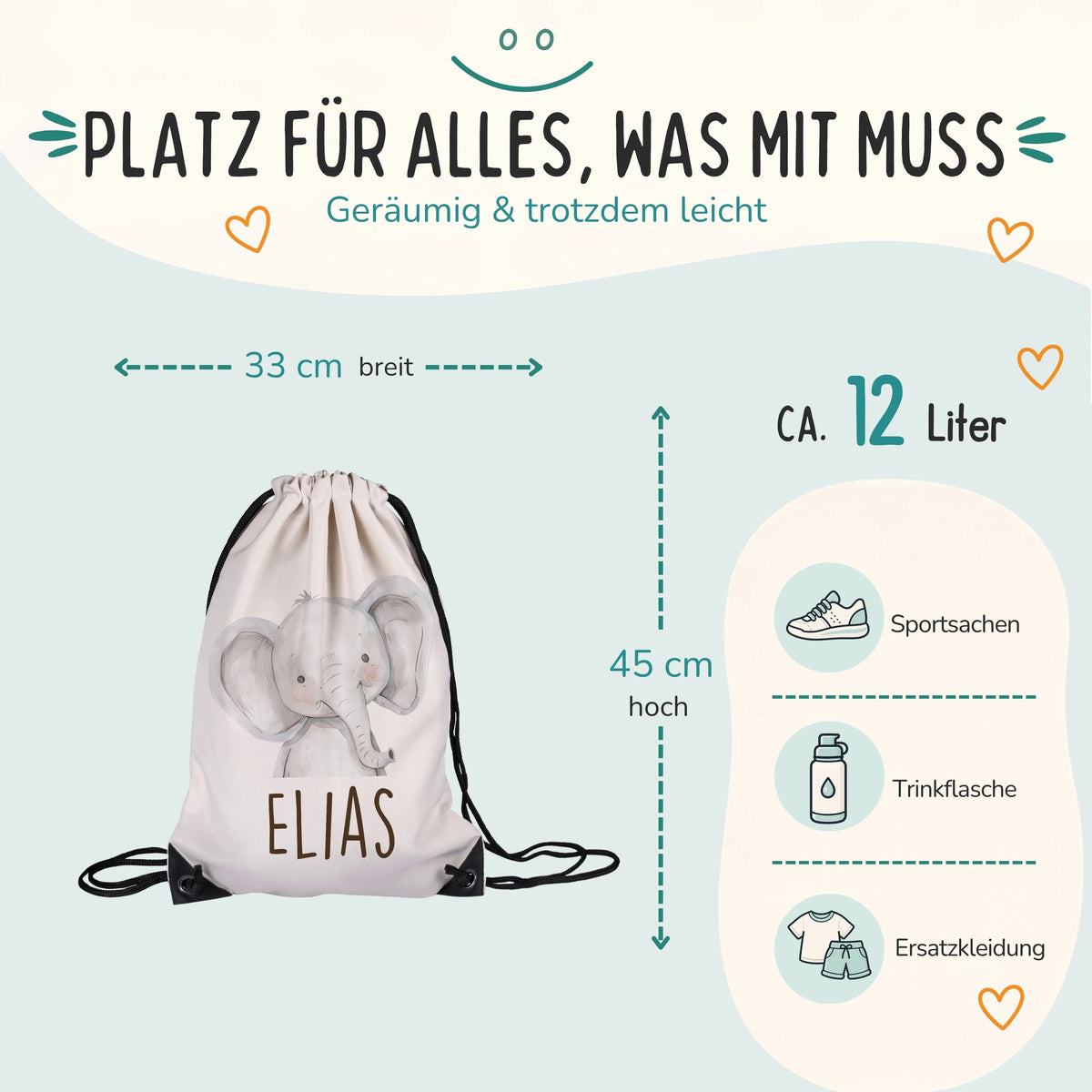 Personalisierter Turnbeutel Baby Elefant, Größe 33 x 45 cm mit ca. 12 Liter Fassungsvermögen