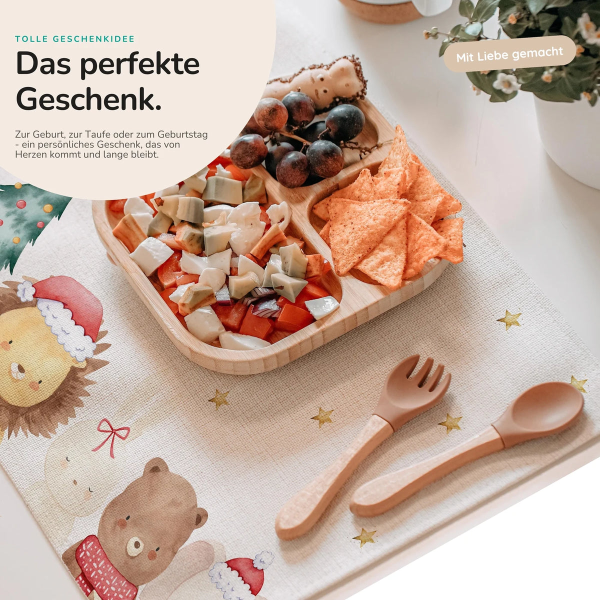 Tischset Kinder personalisiert Weihnachtsmotiv - Weihnachtswald-Tiertruppe