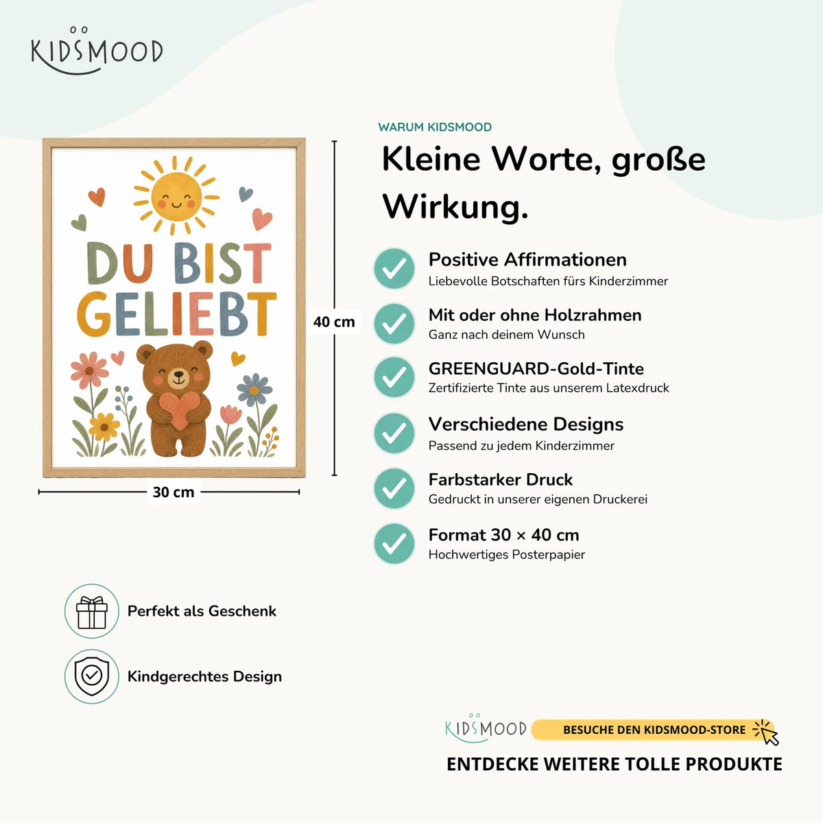 Affirmationsposter „Bär Du bist geliebt“ im Überblick: 30 × 40 cm, mit oder ohne Holzrahmen, verschiedene Designs