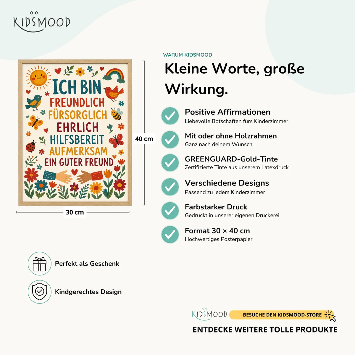 Affirmationsposter „Blumen Ich bin freundlich“ im Überblick: 30 × 40 cm, mit oder ohne Holzrahmen, verschiedene Designs