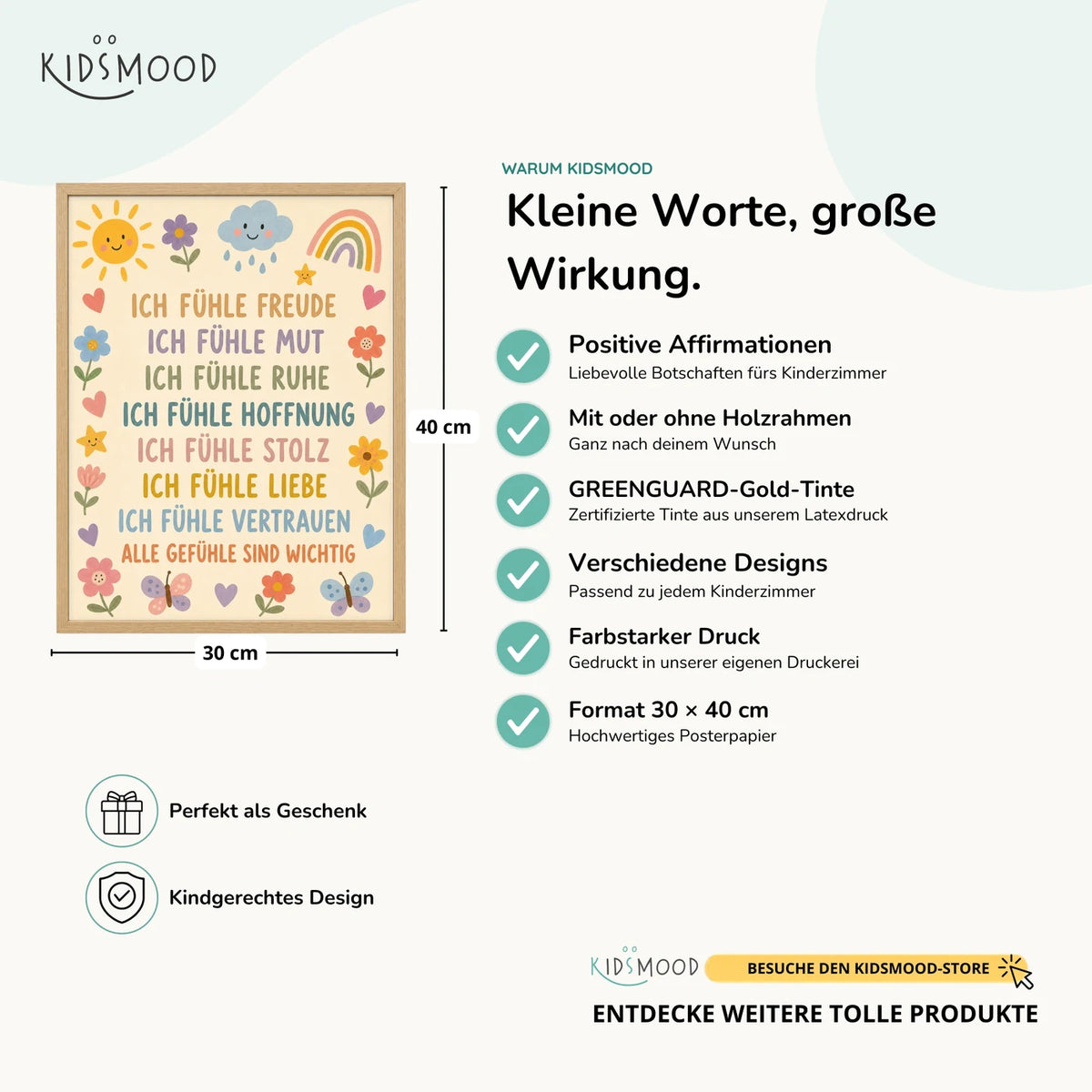 Affirmationsposter „Blumenwiese Gefühle“ im Überblick: 30 × 40 cm, mit oder ohne Holzrahmen, verschiedene Designs