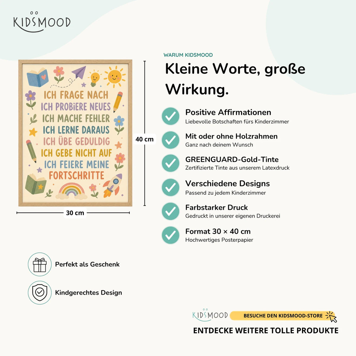 Affirmationsposter „Blumenwiese Ich frage nach“ im Überblick: 30 × 40 cm, mit oder ohne Holzrahmen, verschiedene Designs
