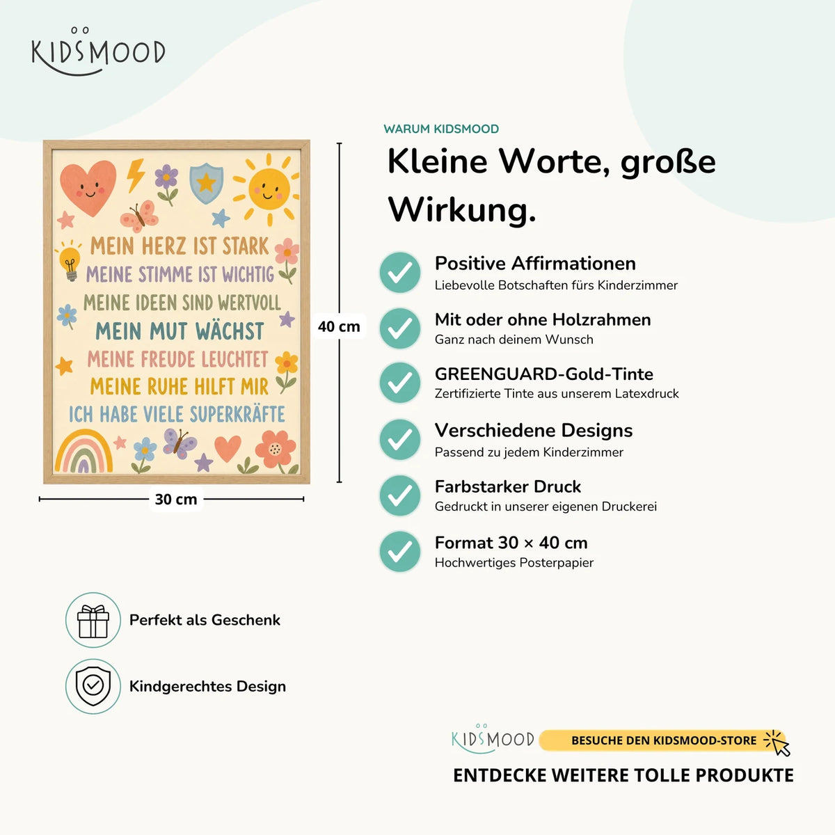 Affirmationsposter „Blumenwiese Superkräfte“ im Überblick: 30 × 40 cm, mit oder ohne Holzrahmen, verschiedene Designs