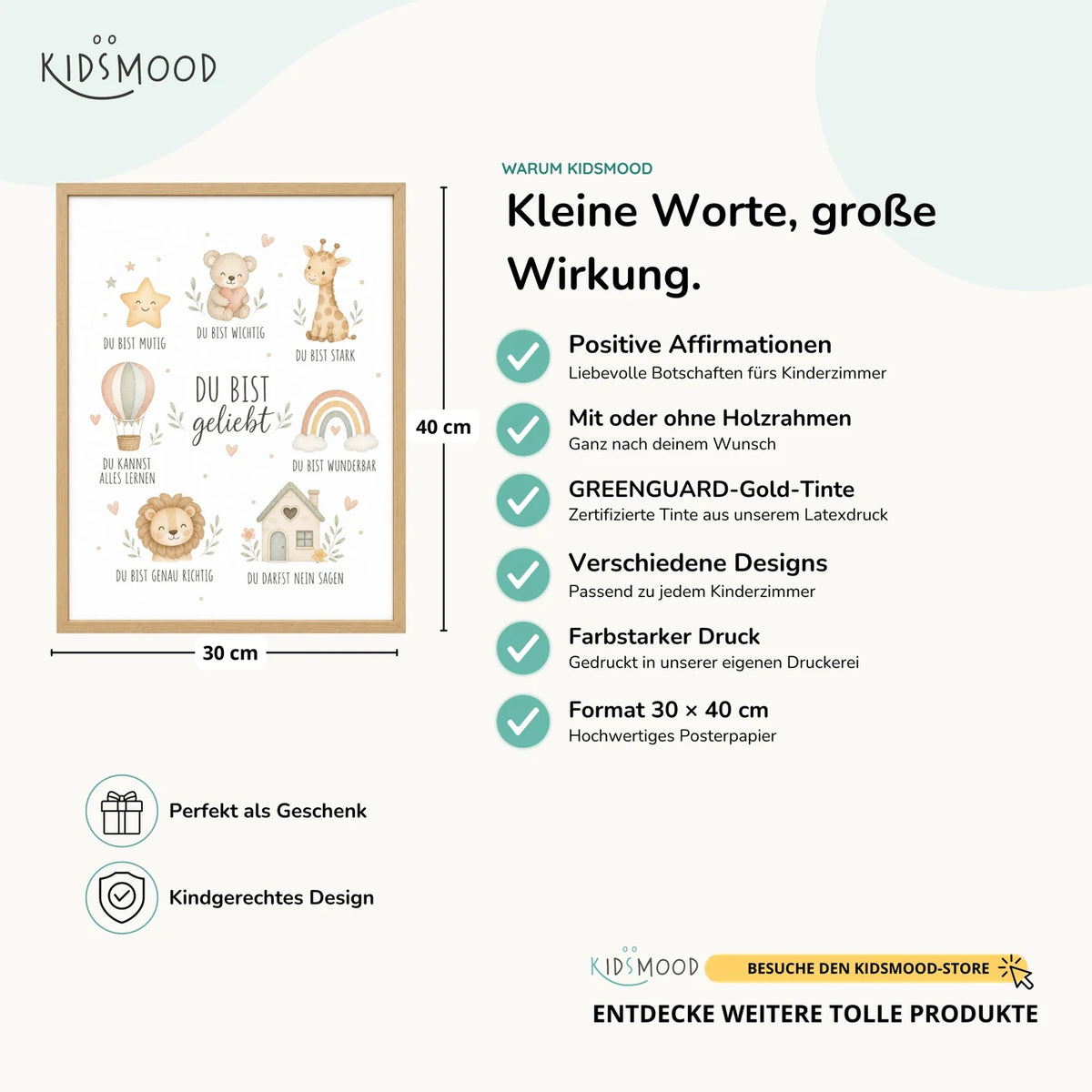 Affirmationsposter „Collage Du bist geliebt“ im Überblick: 30 × 40 cm, mit oder ohne Holzrahmen, verschiedene Designs