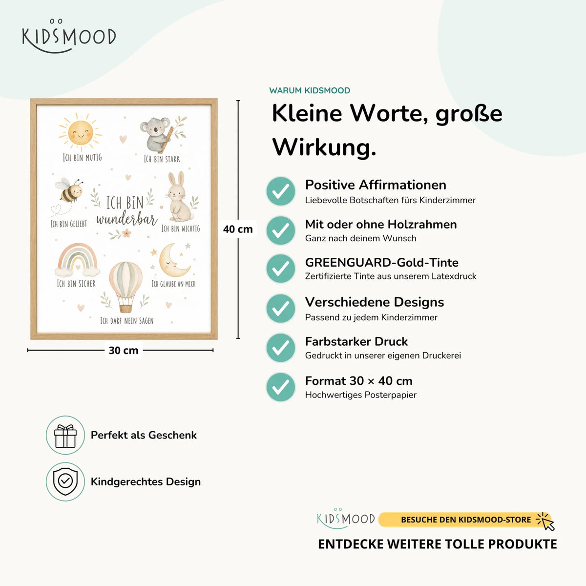 Affirmationsposter „Collage Ich bin wunderbar“ im Überblick: 30 × 40 cm, mit oder ohne Holzrahmen, verschiedene Designs