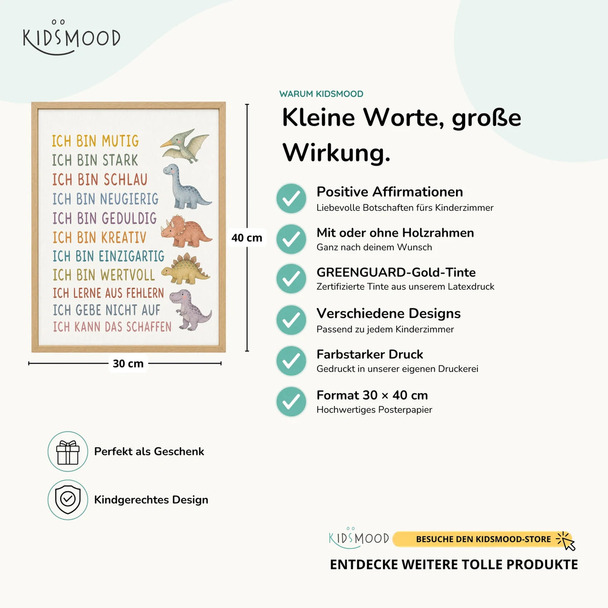 Affirmationsposter „Dinos“ im Überblick: 30 × 40 cm, mit oder ohne Holzrahmen, verschiedene Designs