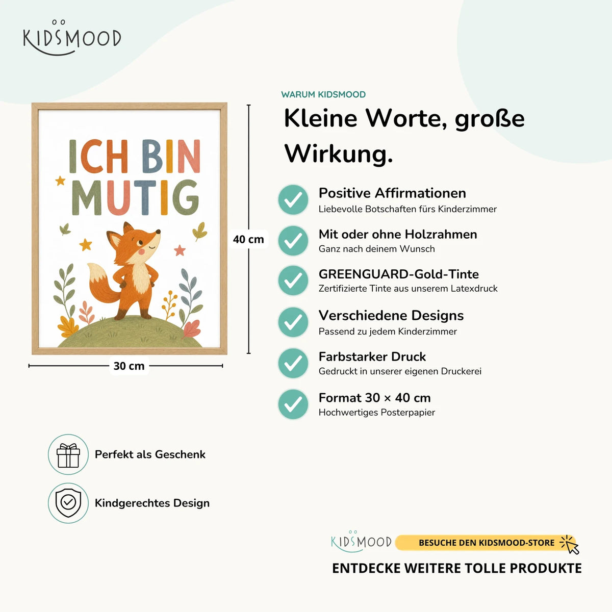 Affirmationsposter „Fuchs Ich bin mutig“ im Überblick: 30 × 40 cm, mit oder ohne Holzrahmen, verschiedene Designs