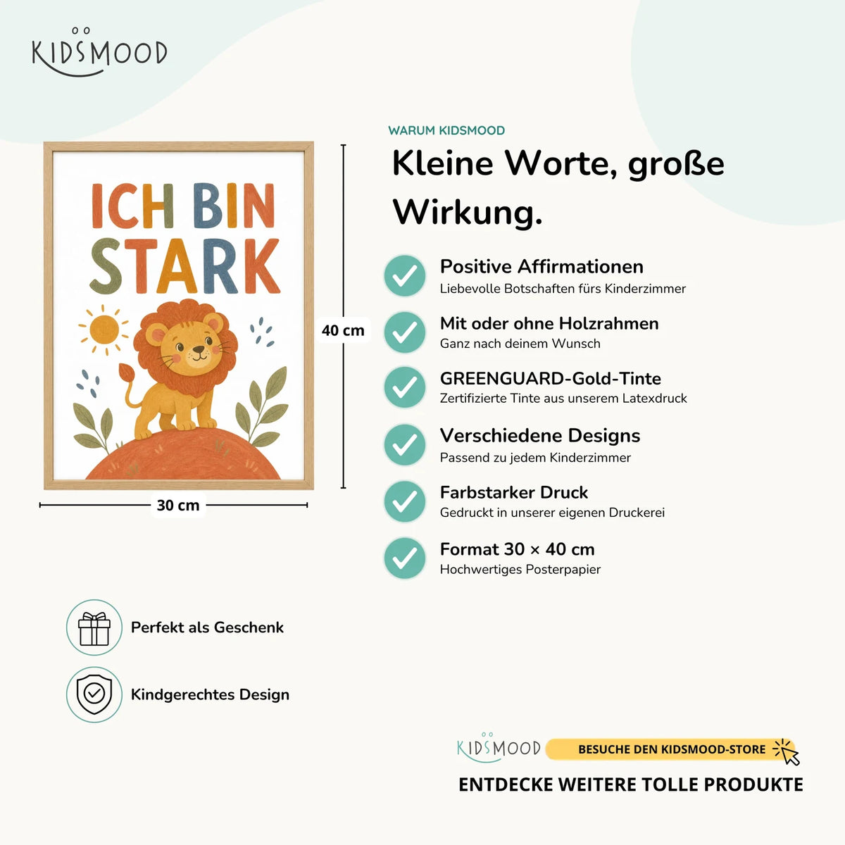 Affirmationsposter „Löwe Ich bin stark“ im Überblick: 30 × 40 cm, mit oder ohne Holzrahmen, verschiedene Designs