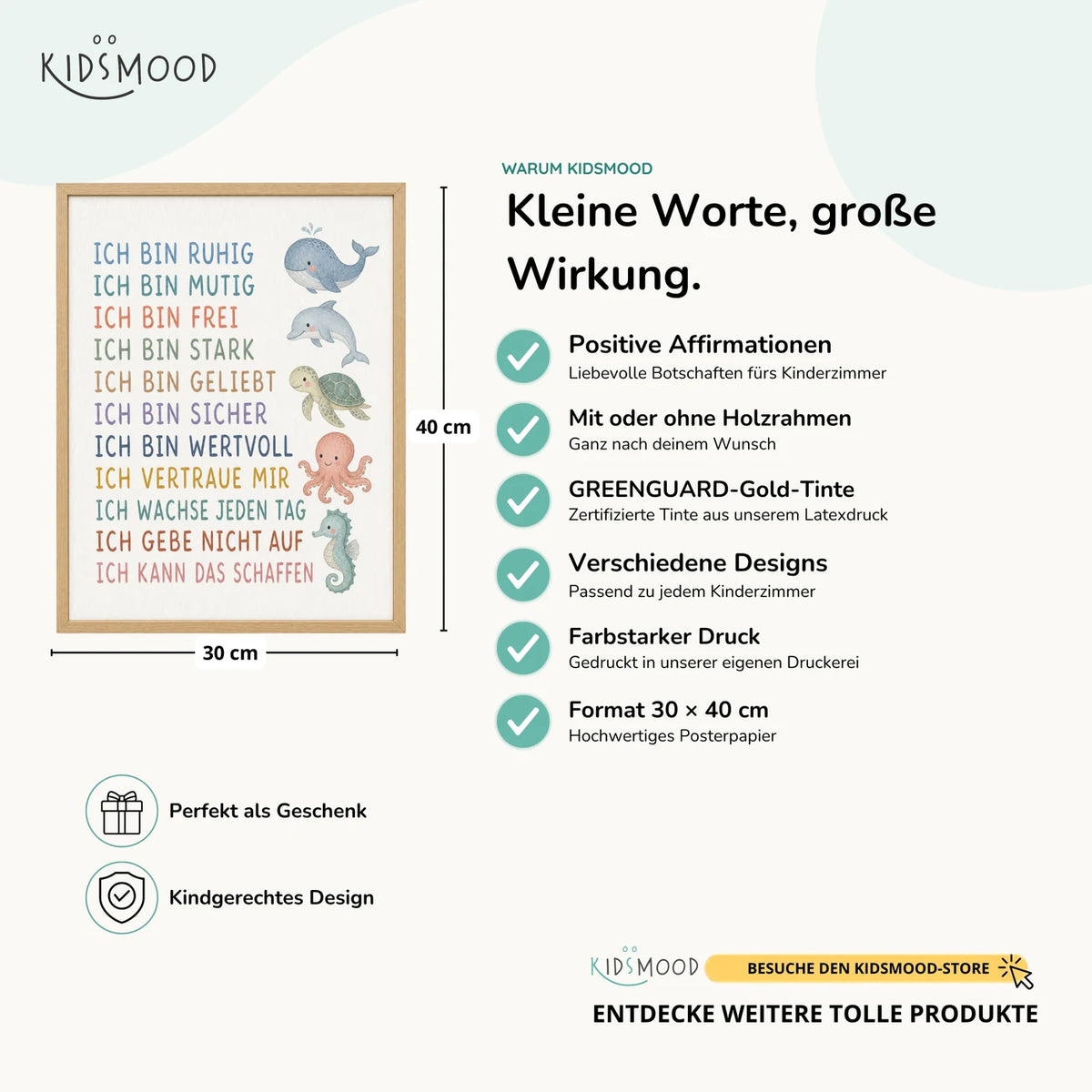 Affirmationsposter „Meerestiere“ im Überblick: 30 × 40 cm, mit oder ohne Holzrahmen, verschiedene Designs