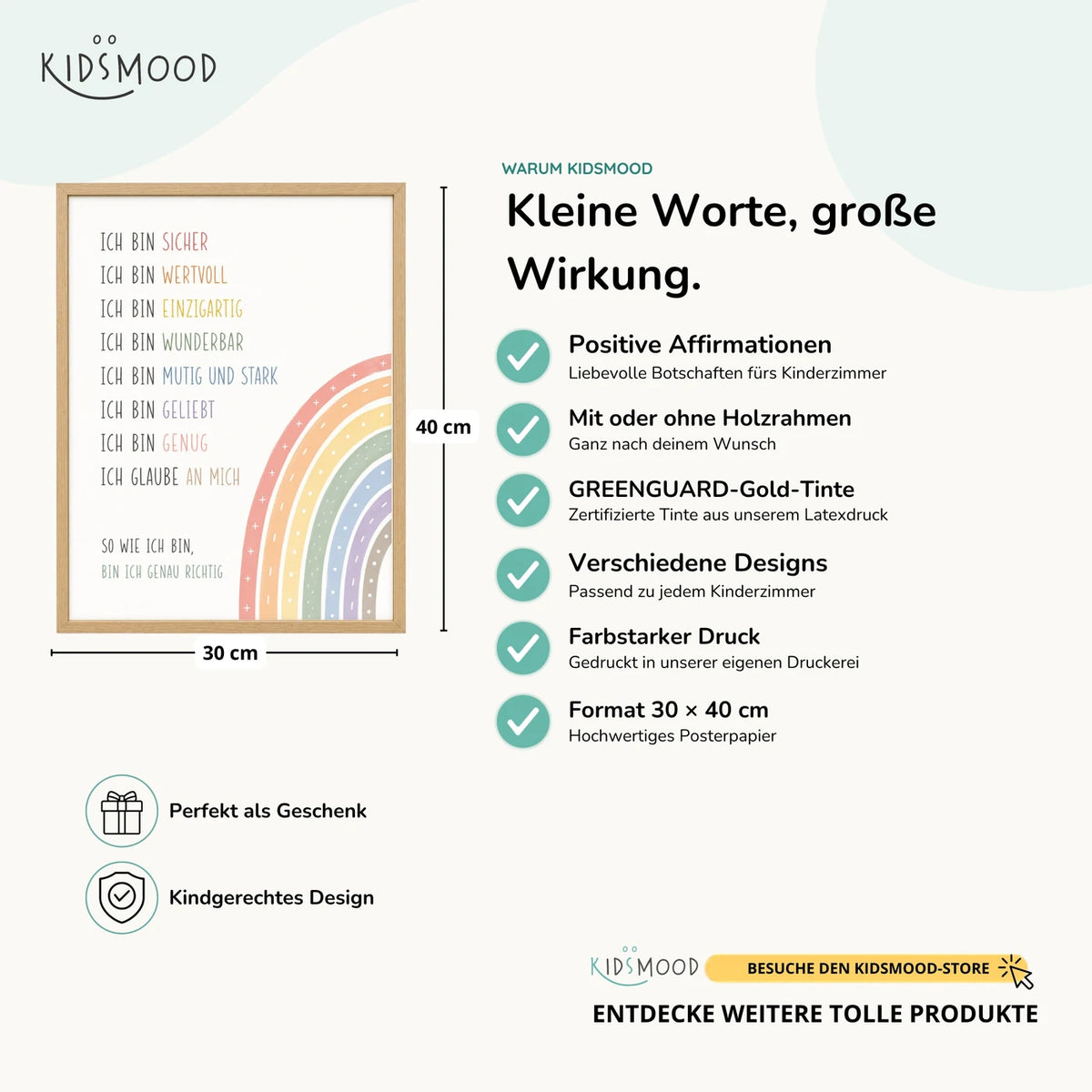 Affirmationsposter „Minimal Ich bin“ im Überblick: 30 × 40 cm, mit oder ohne Holzrahmen, verschiedene Designs