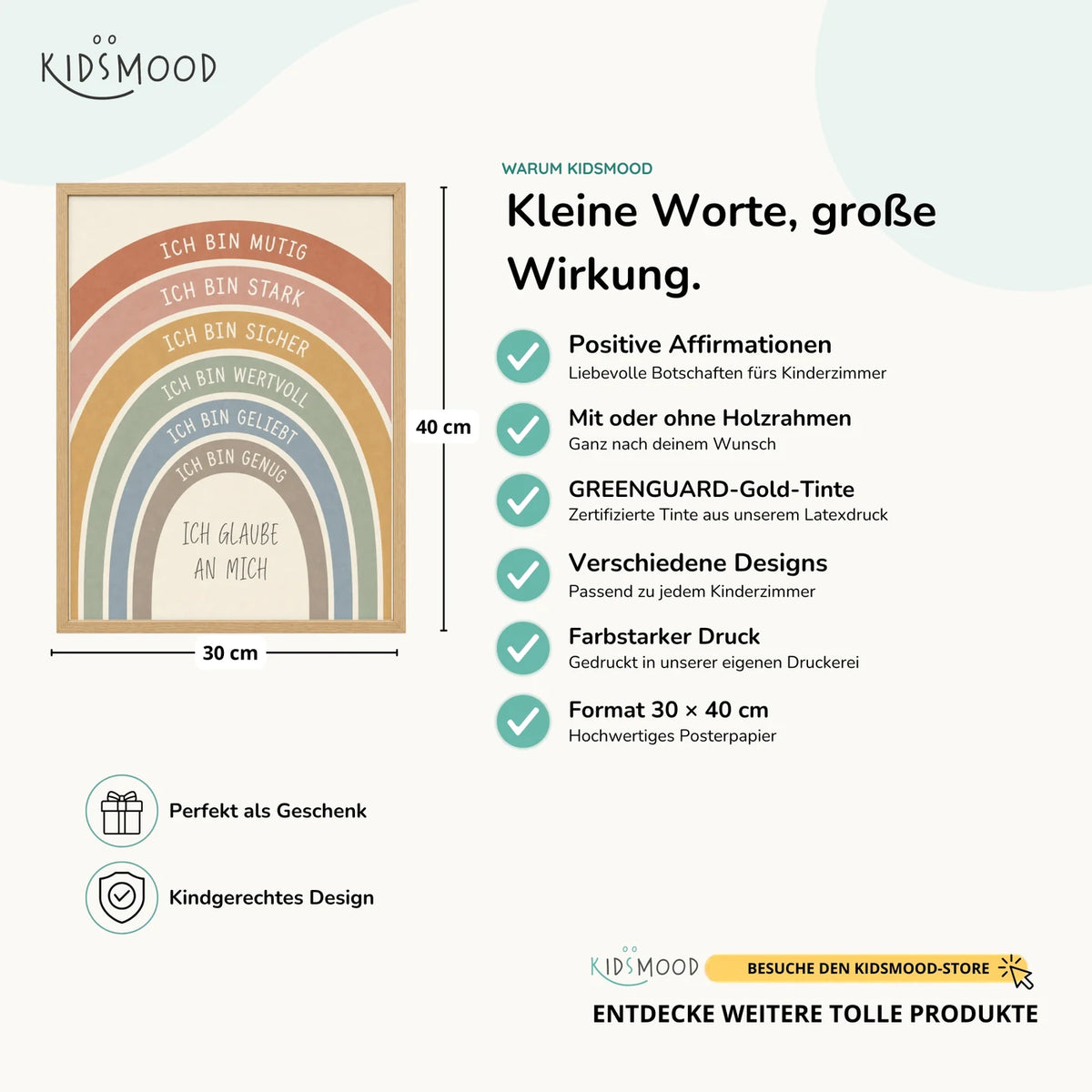 Affirmationsposter „Regenbogen Creme“ im Überblick: 30 × 40 cm, mit oder ohne Holzrahmen, verschiedene Designs