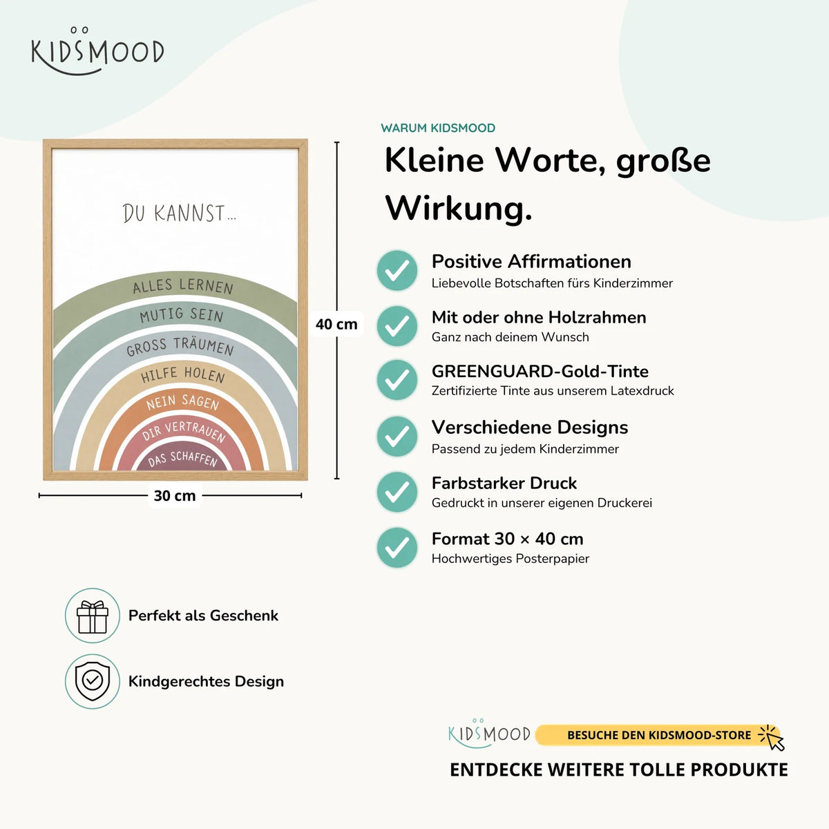 Affirmationsposter „Regenbogen Du kannst“ im Überblick: 30 × 40 cm, mit oder ohne Holzrahmen, verschiedene Designs