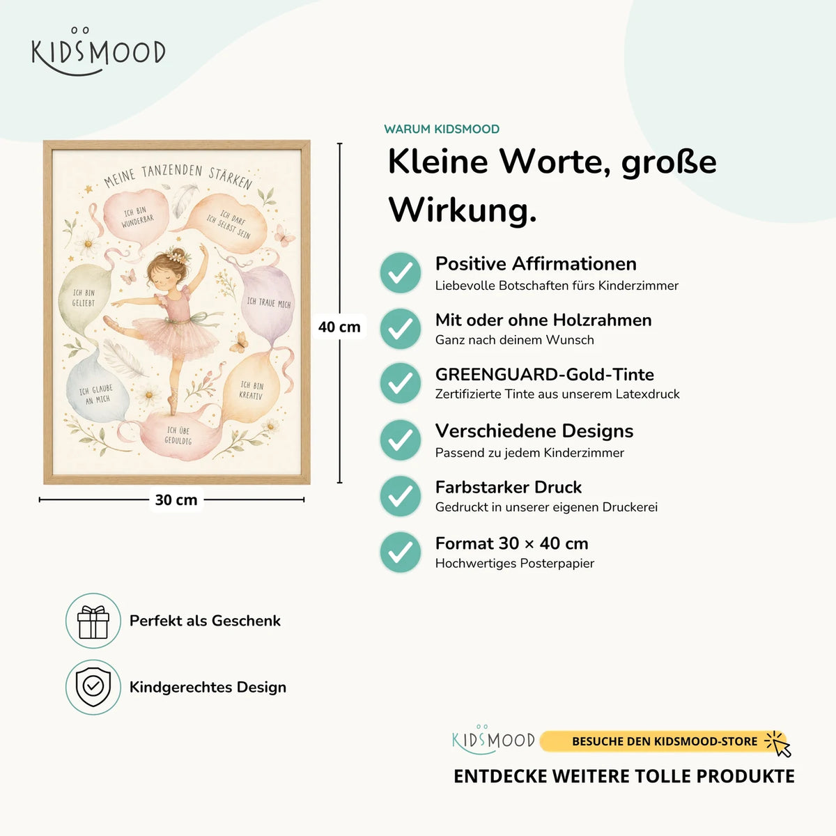 Affirmationsposter „Tanzende Stärken“ im Überblick: 30 × 40 cm, mit oder ohne Holzrahmen, verschiedene Designs