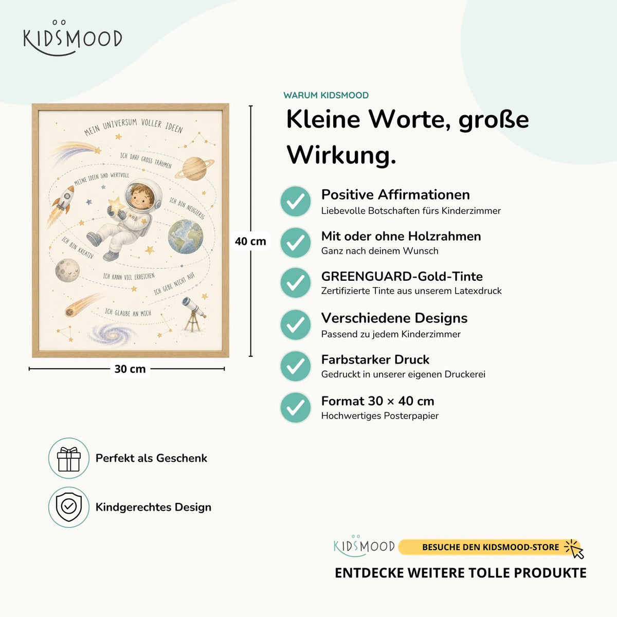 Affirmationsposter „Universum voller Ideen“ im Überblick: 30 × 40 cm, mit oder ohne Holzrahmen, verschiedene Designs