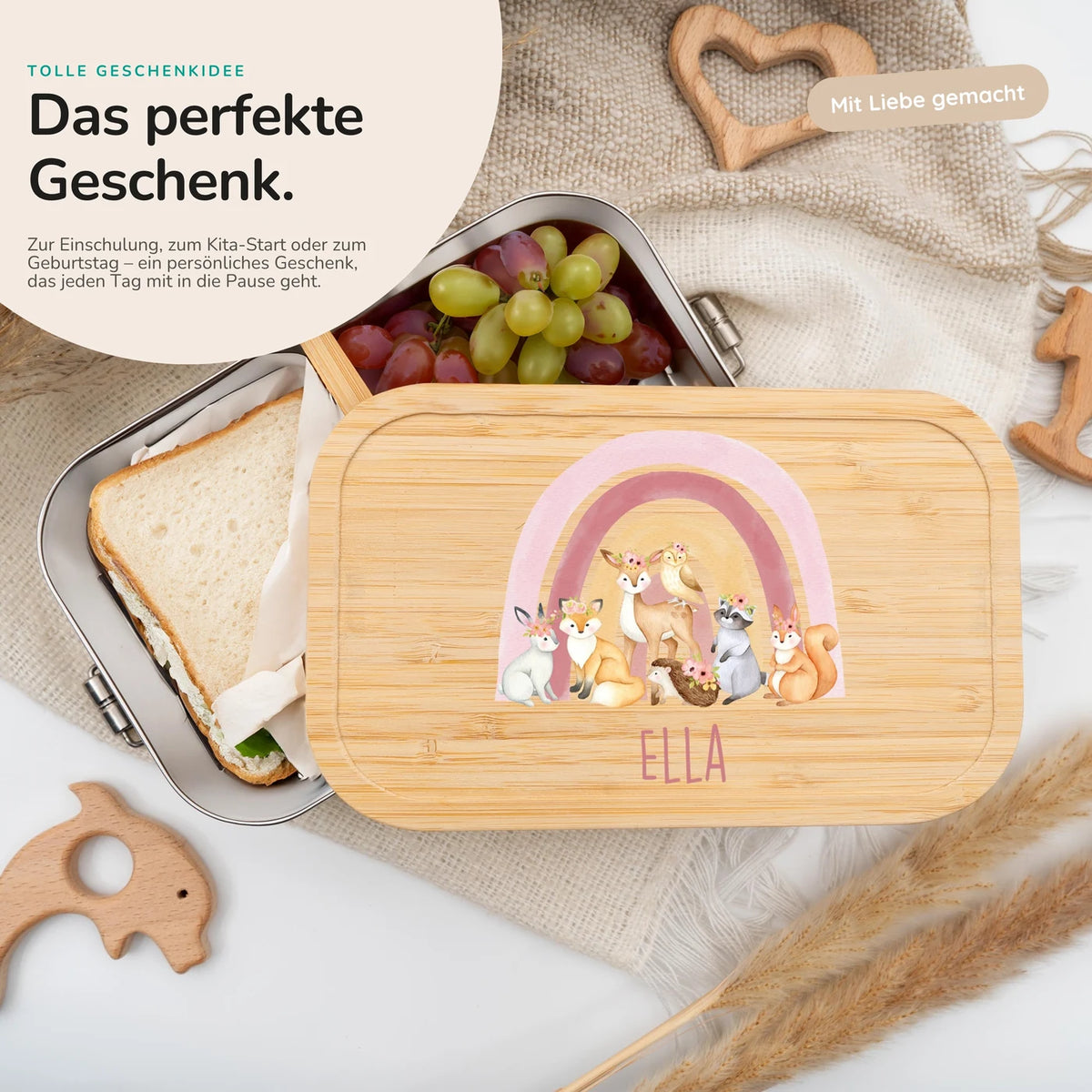 Brotdose Kinder personalisiert - Regenbogen Waldtiere