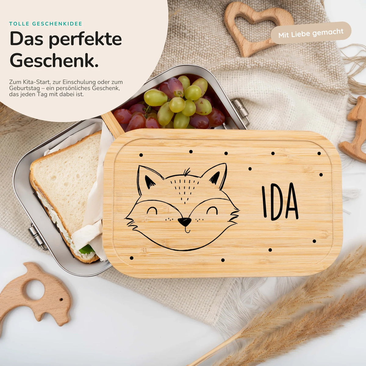 Brotdose personalisiert Fuchsgesicht graviert