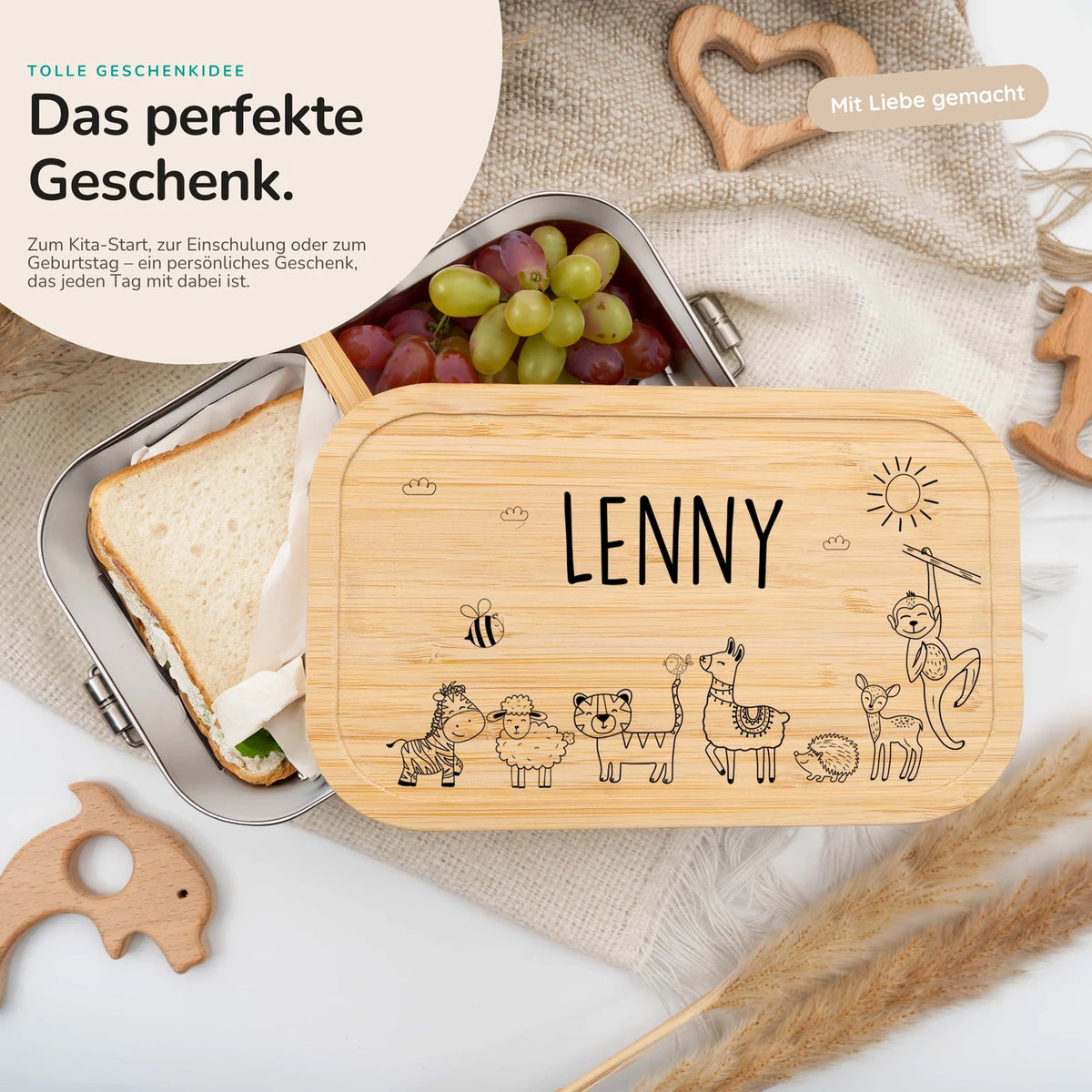 Brotdose Kinder personalisiert - Fröhliche Tierfamilie