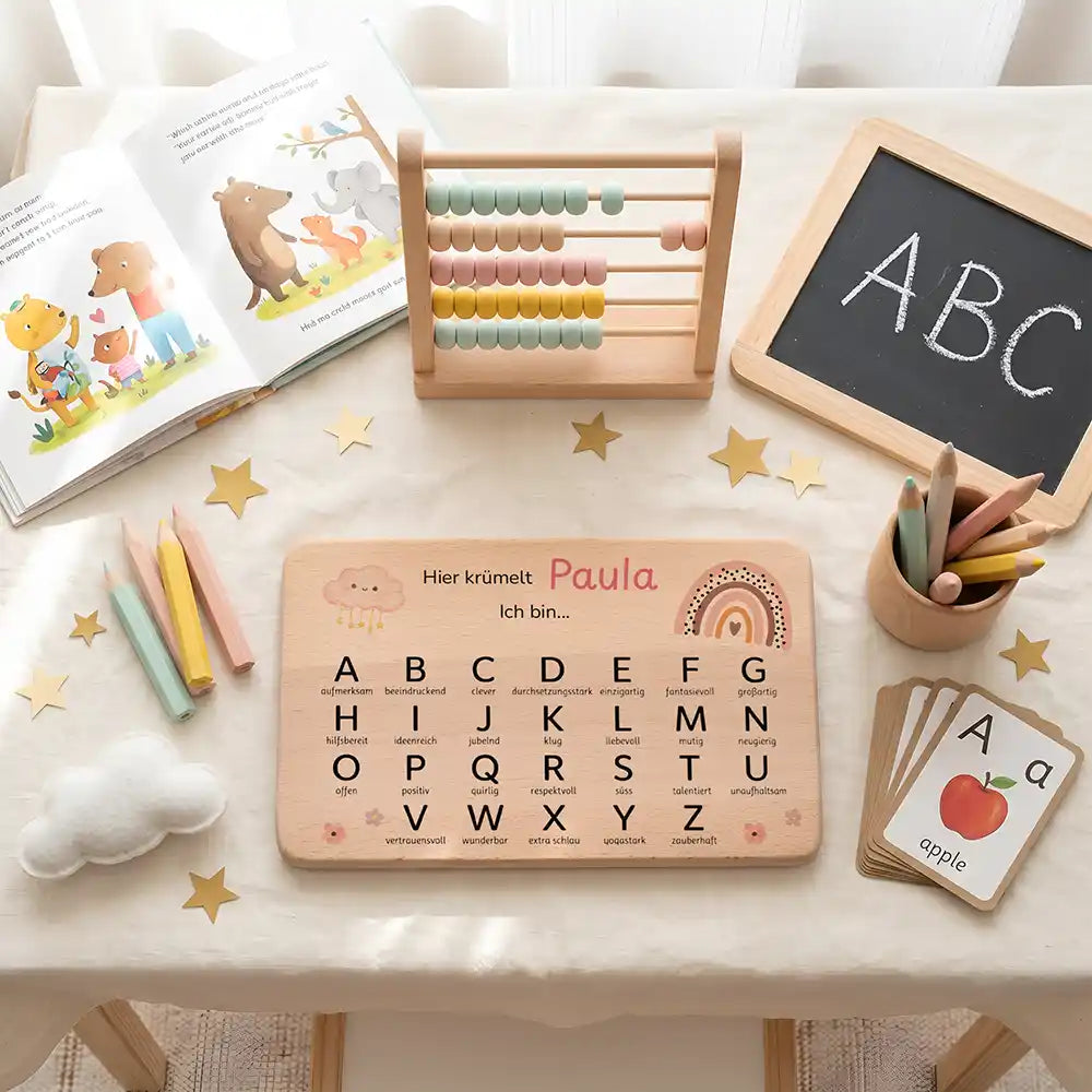 ABC Brettchen Kinder personalisiert Wildblumen Boho – ABC-Lernen am Schreibtisch