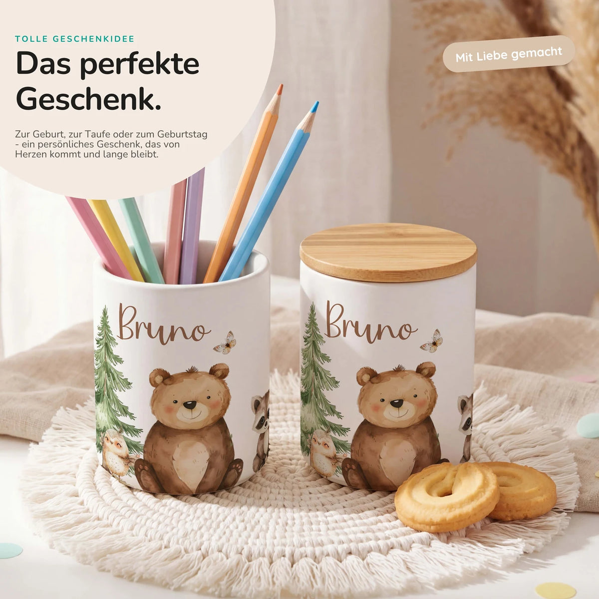 Personalisierte Keksdose Bär & Waschbär – Keramik & Bambus mit Wunschname