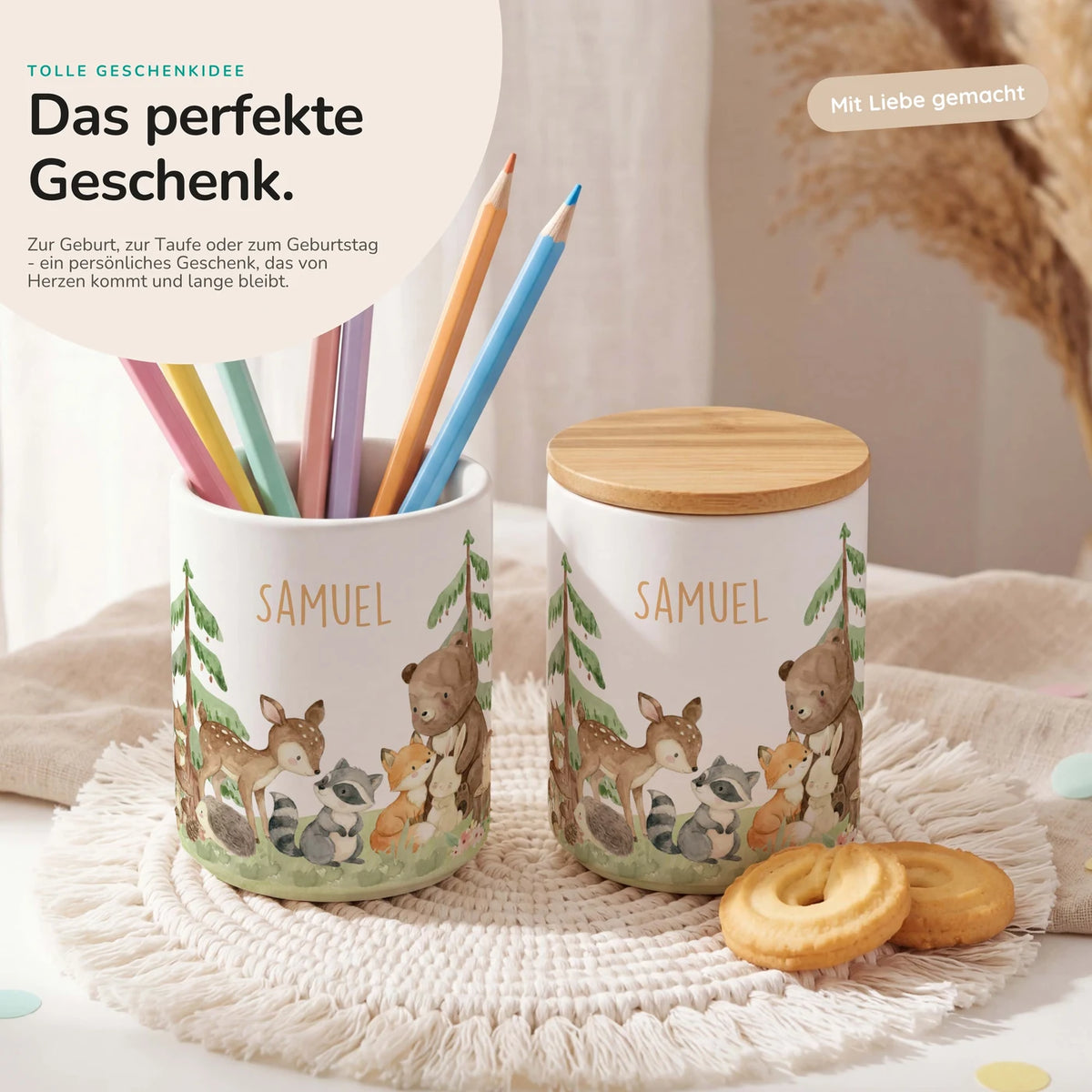 Personalisierte Keksdose Waldfreunde III – Keramik & Bambus mit Wunschname