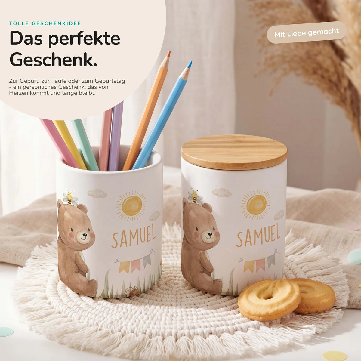 Personalisierte Keksdose Bär Sommer – Keramik & Bambus mit Wunschname