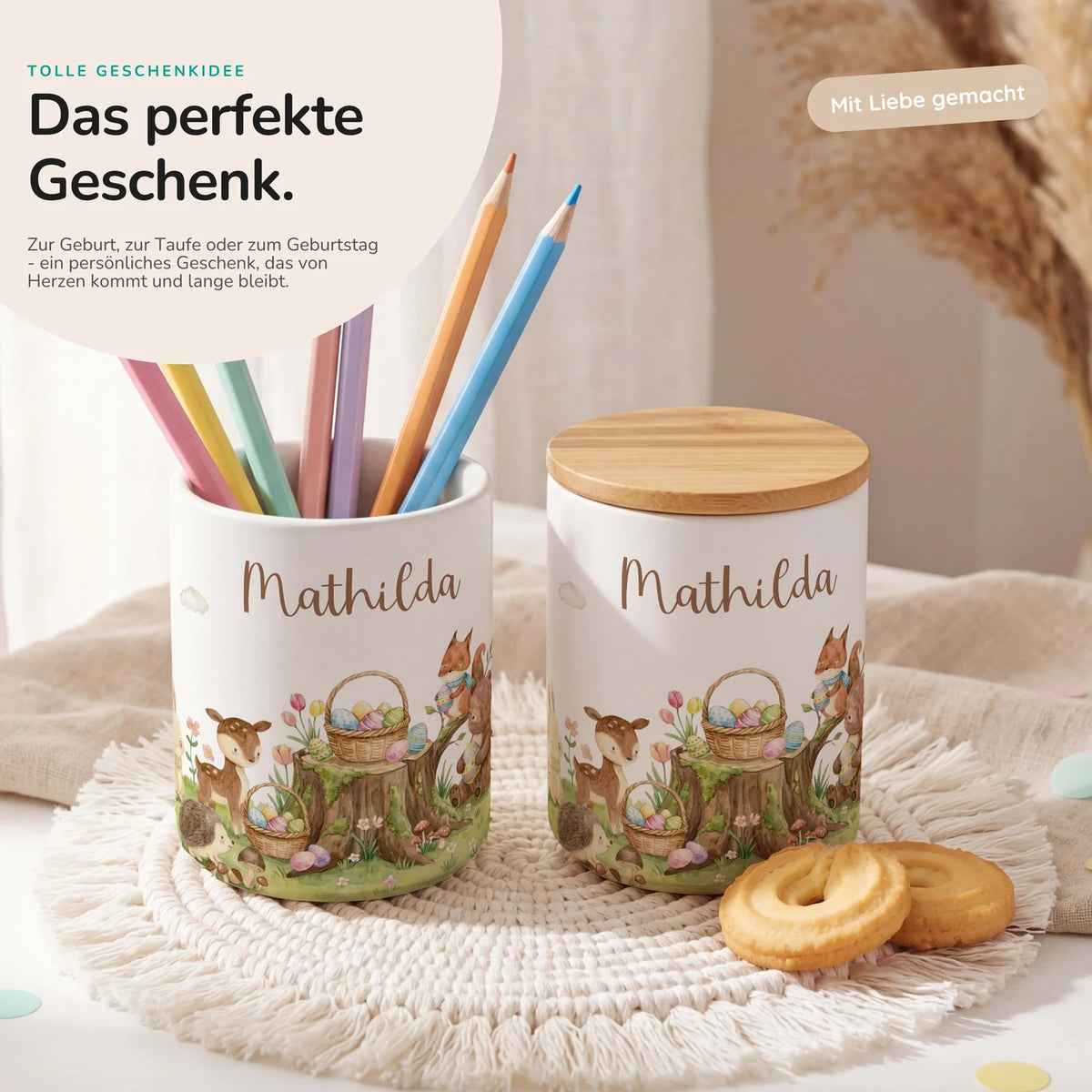 Personalisierte Keksdose Ostern Rehkitz – Keramik & Bambus mit Wunschname