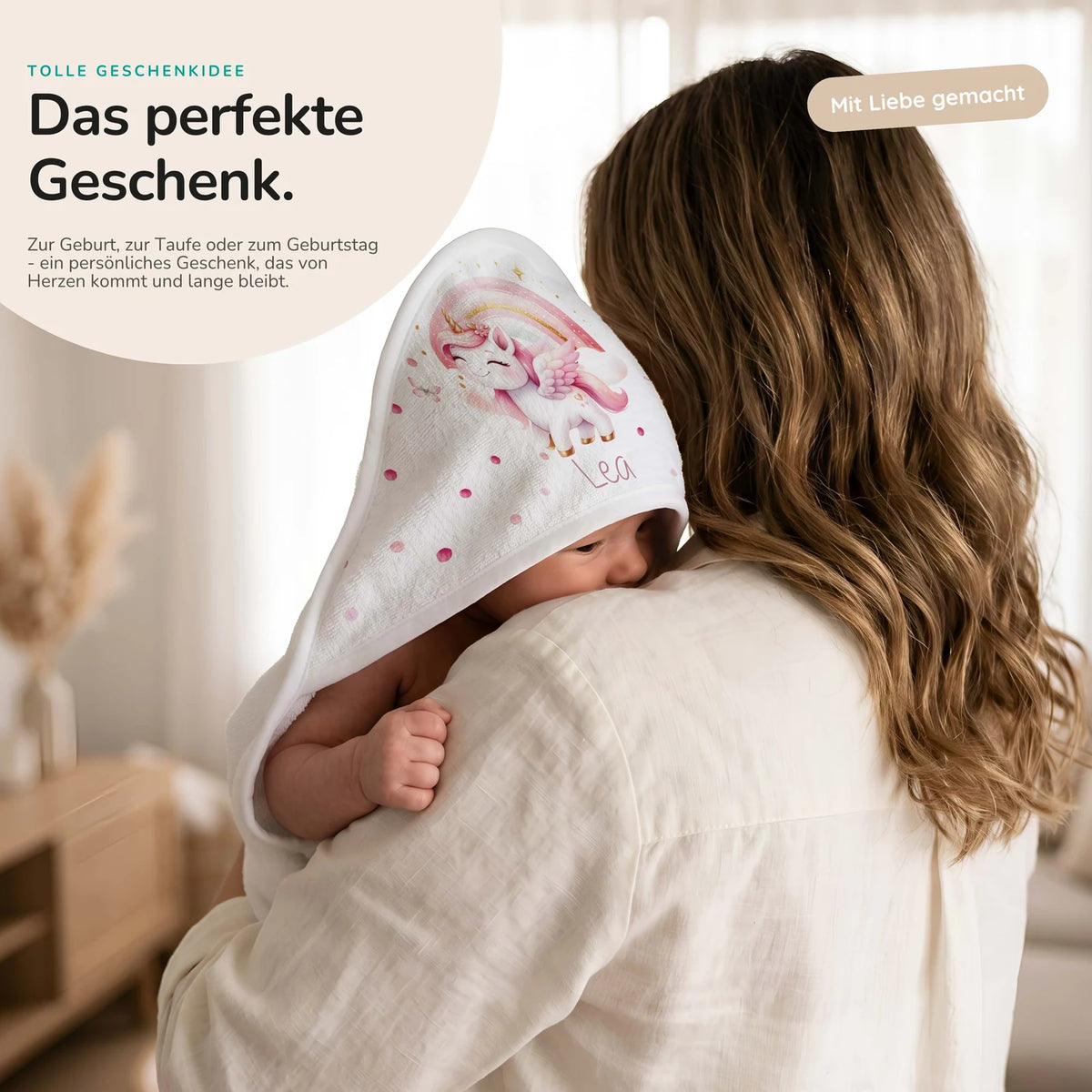 Personalisiertes Kapuzenhandtuch Baby – Einhorn Rosa