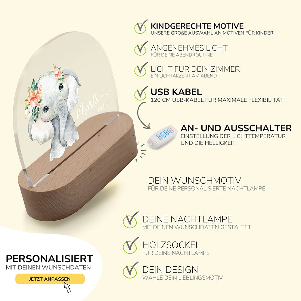 Nachtlicht Elefant mit USB-Kabel und Schalter – Lichtfarbe und Helligkeit einstellbar