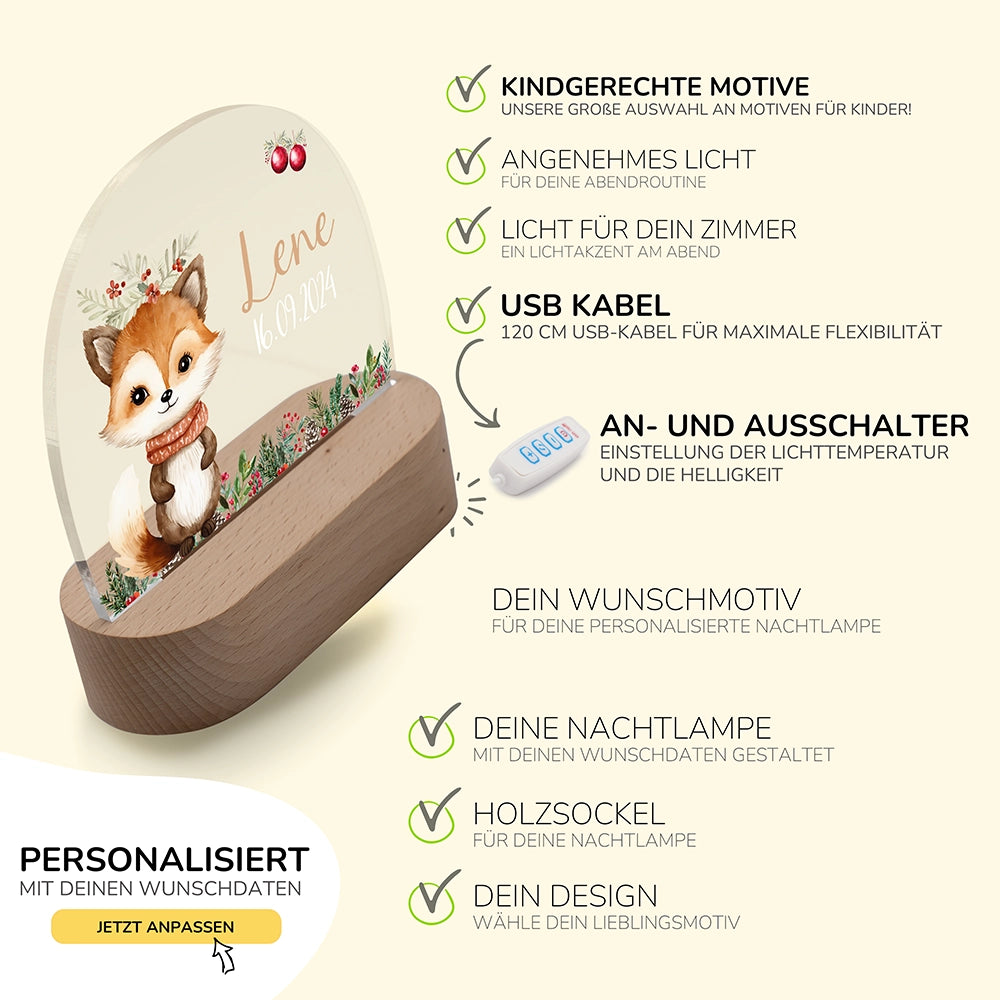 Nachtlicht Fuchs mit USB-Kabel und Schalter – Lichtfarbe und Helligkeit einstellbar