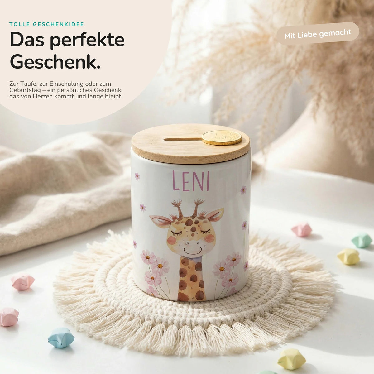 Personalisierte Spardose Giraffe Blumen – Keramik & Bambus mit Wunschname