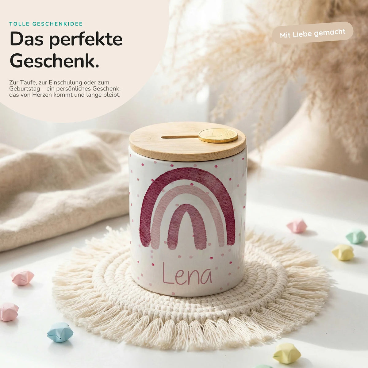 Personalisierte Spardose Regenbogen Rosa – Keramik & Bambus mit Wunschname