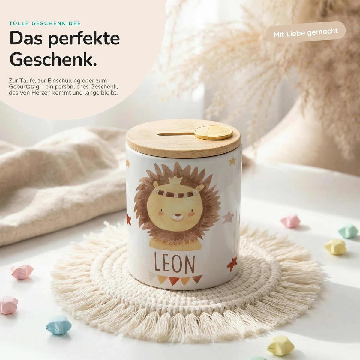 Personalisierte Spardose Löwe Boho – Keramik & Bambus mit Wunschname