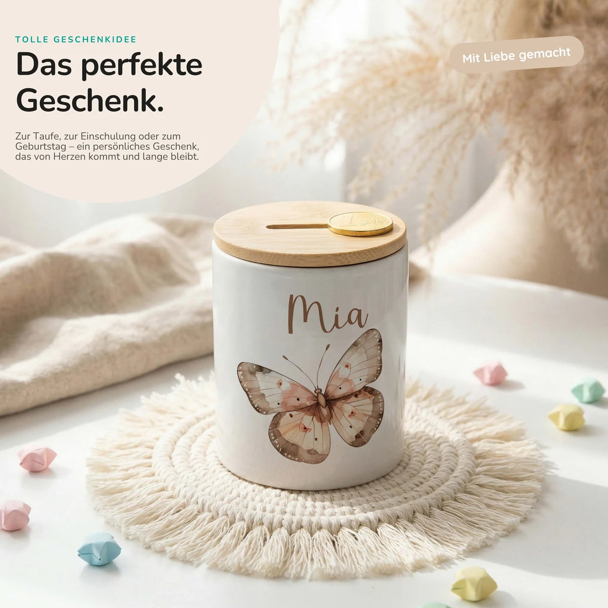Personalisierte Spardose Schmetterling – Keramik & Bambus mit Wunschname