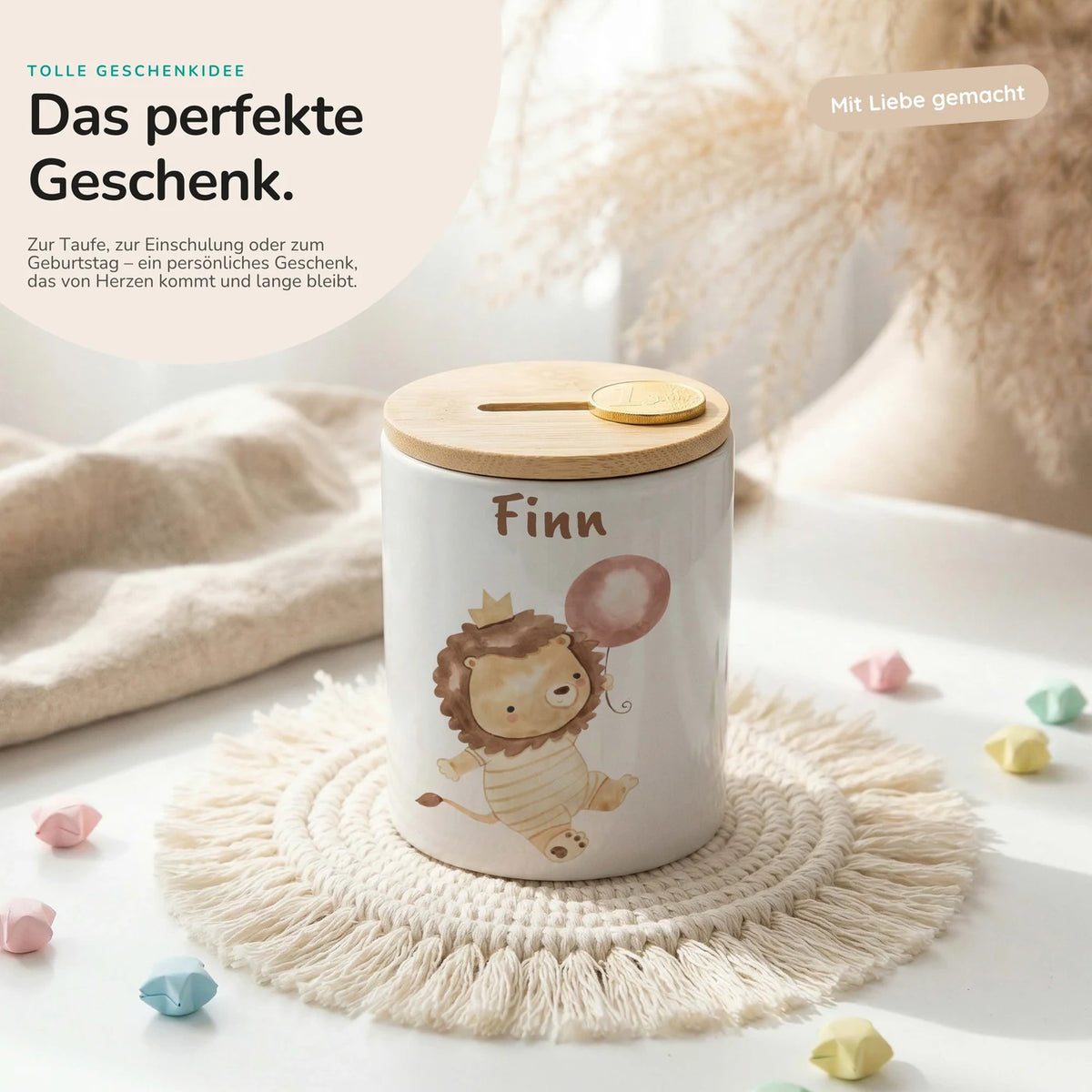 Personalisierte Spardose Löwe Geburtstag – Keramik & Bambus mit Wunschname