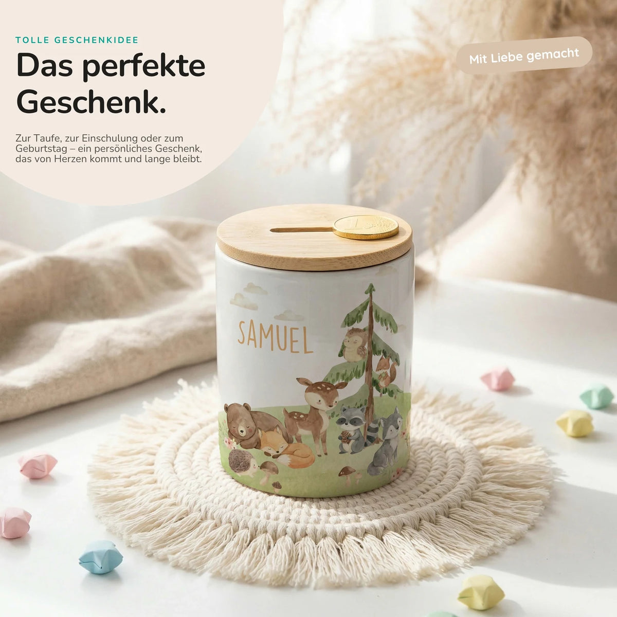 Personalisierte Spardose Waldszene V – Keramik & Bambus mit Wunschname
