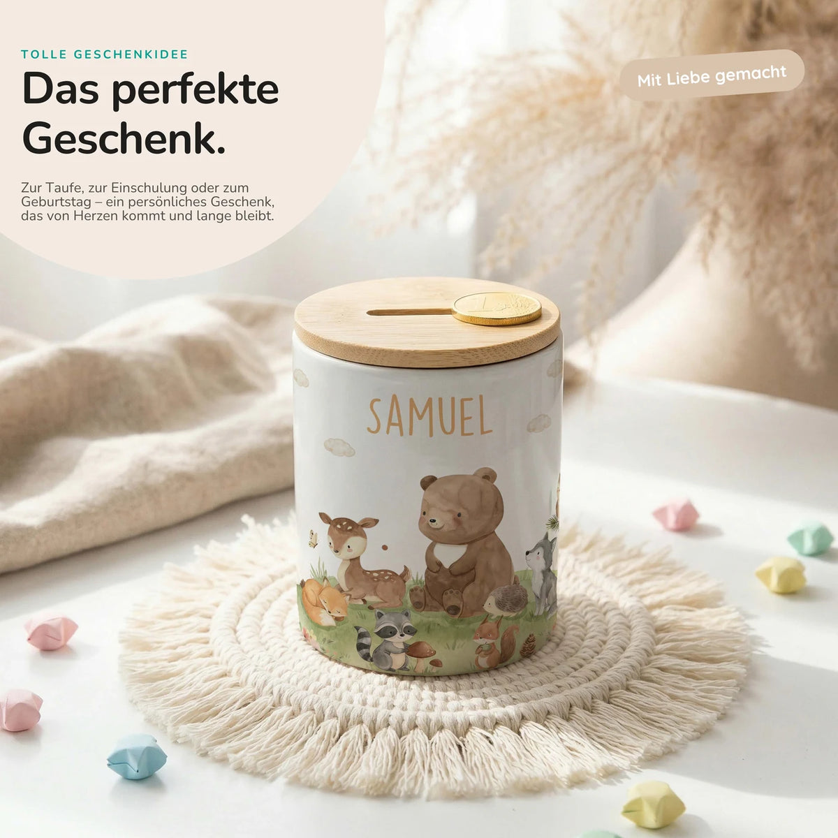Personalisierte Spardose Waldfreunde VI – Keramik & Bambus mit Wunschname