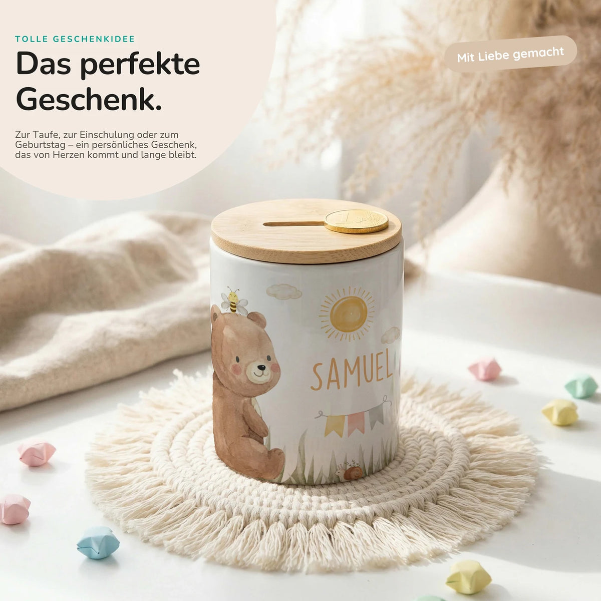 Personalisierte Spardose Bär Sommer – Keramik & Bambus mit Wunschname