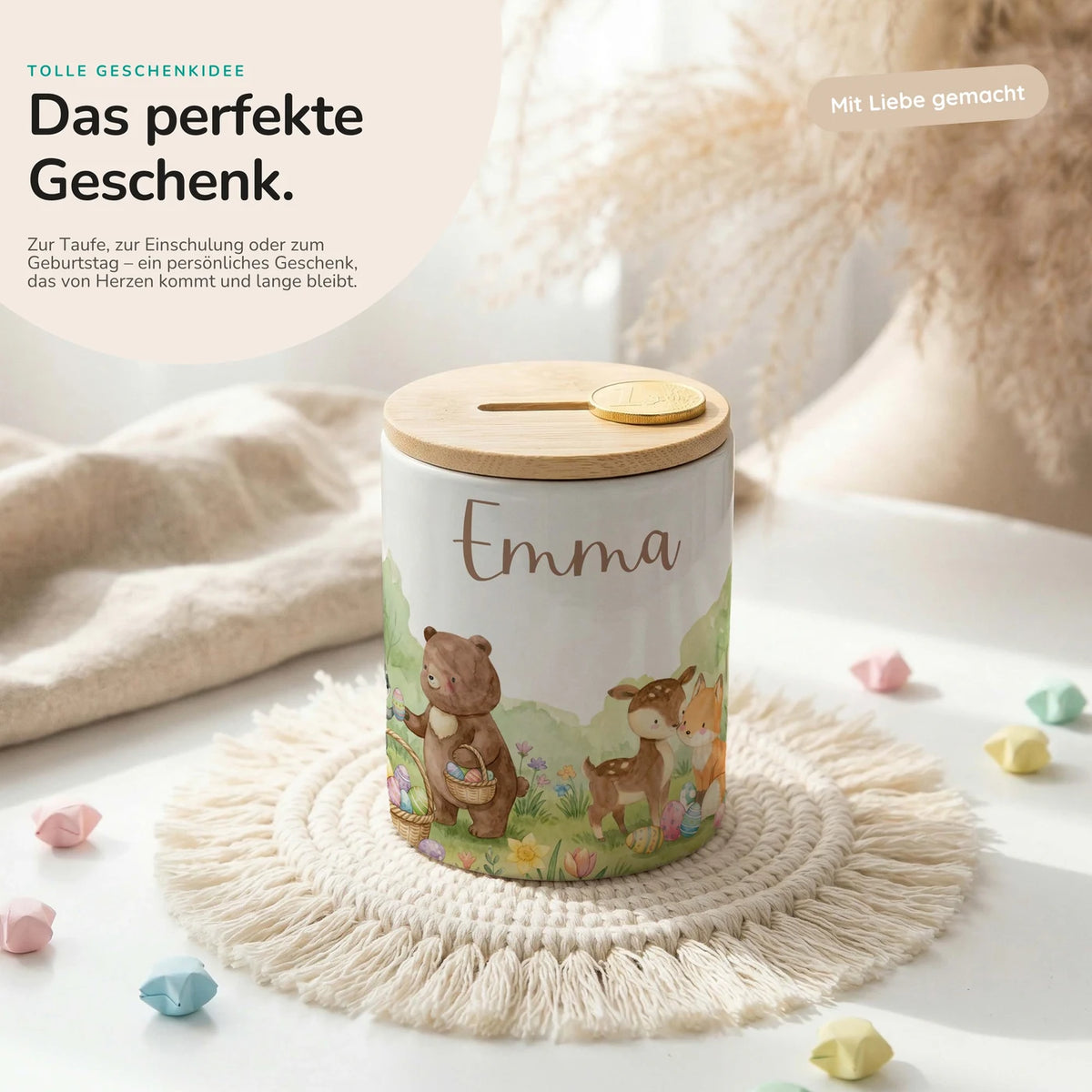 Personalisierte Spardose Ostern Bärenfamilie – Keramik & Bambus mit Wunschname