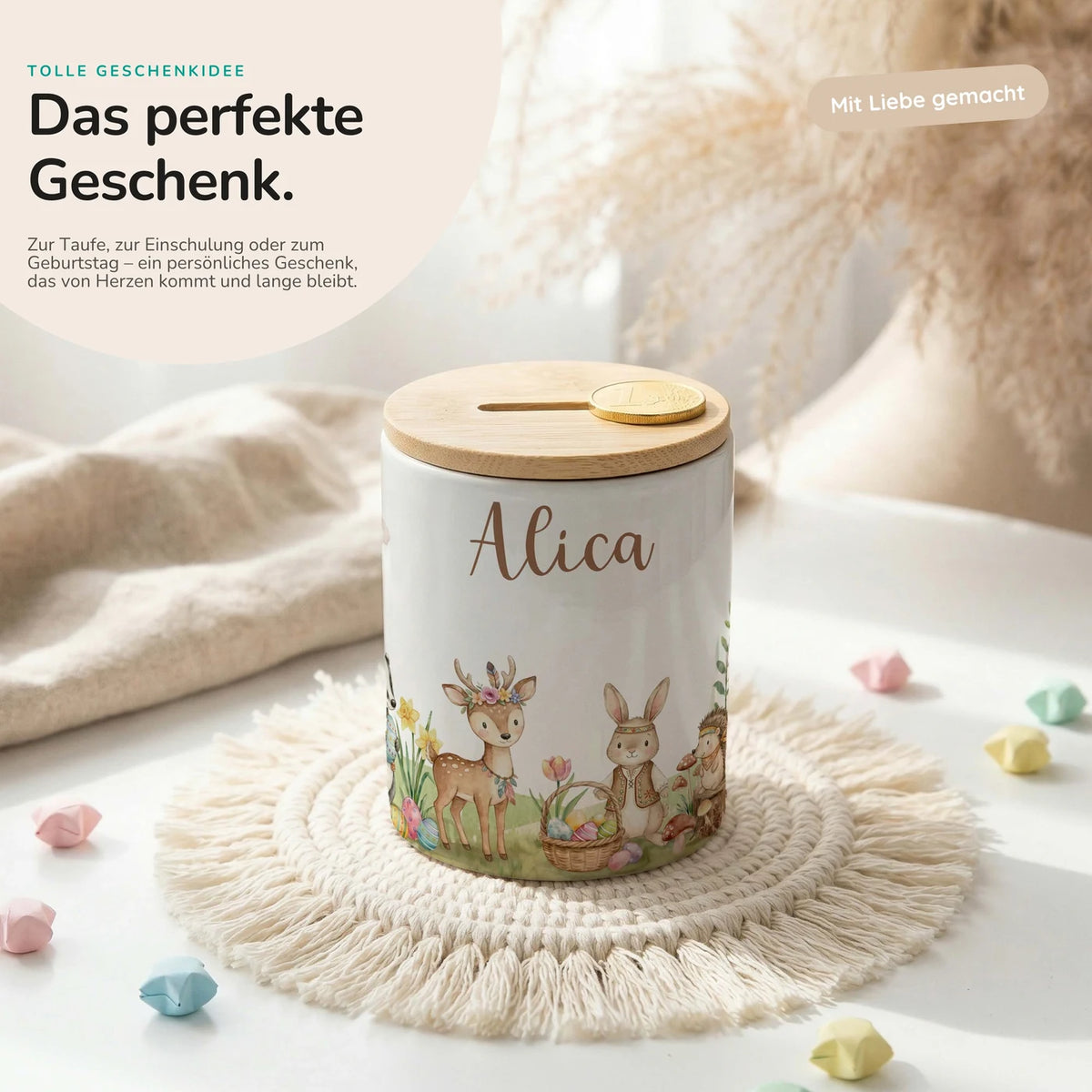 Personalisierte Spardose Ostern Waldtiere-Treff – Keramik & Bambus mit Wunschname
