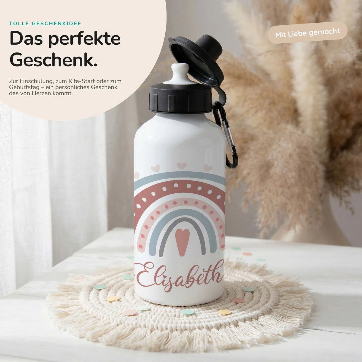 Personalisierte Trinkflasche Kinder – Boho-Regenbogen Herzen
