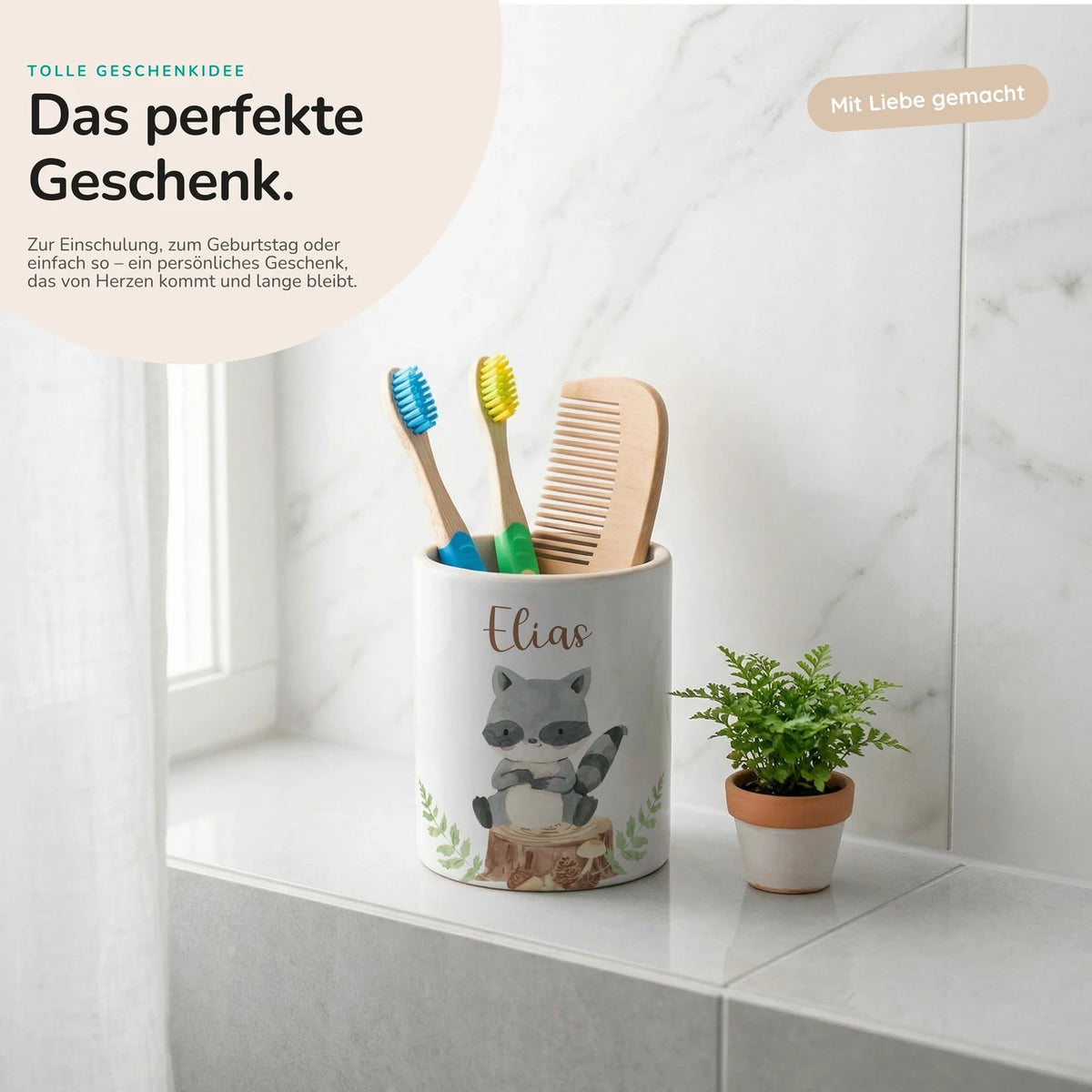 Personalisierter Stiftehalter Waschbär Wald – Keramik mit Wunschname
