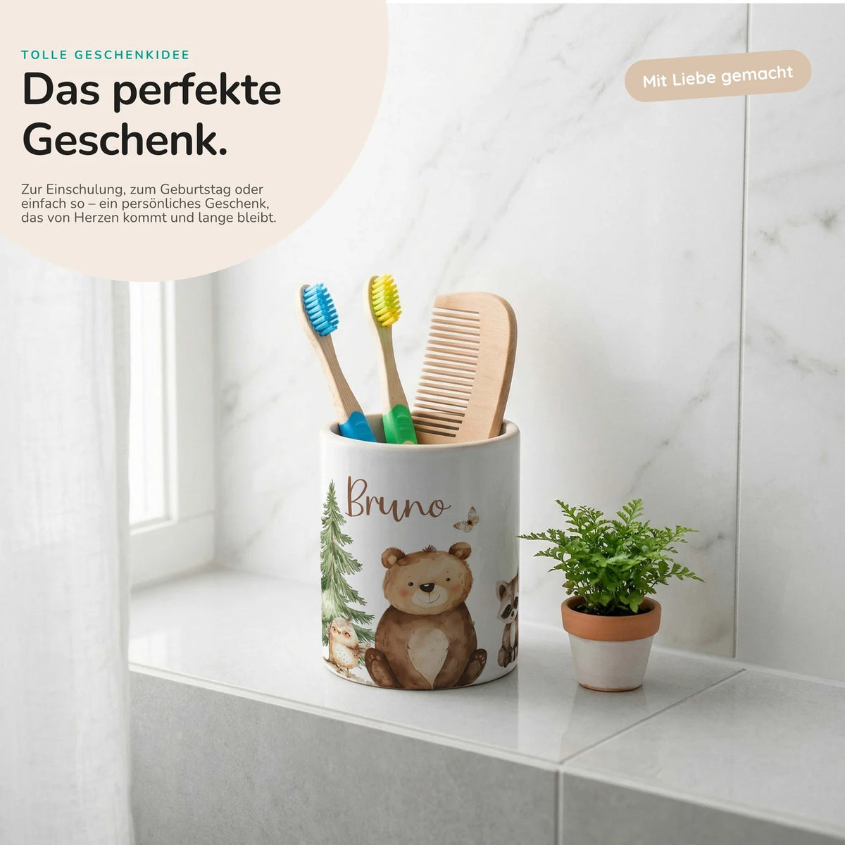 Personalisierter Stiftehalter Bär & Waschbär – Keramik mit Wunschname