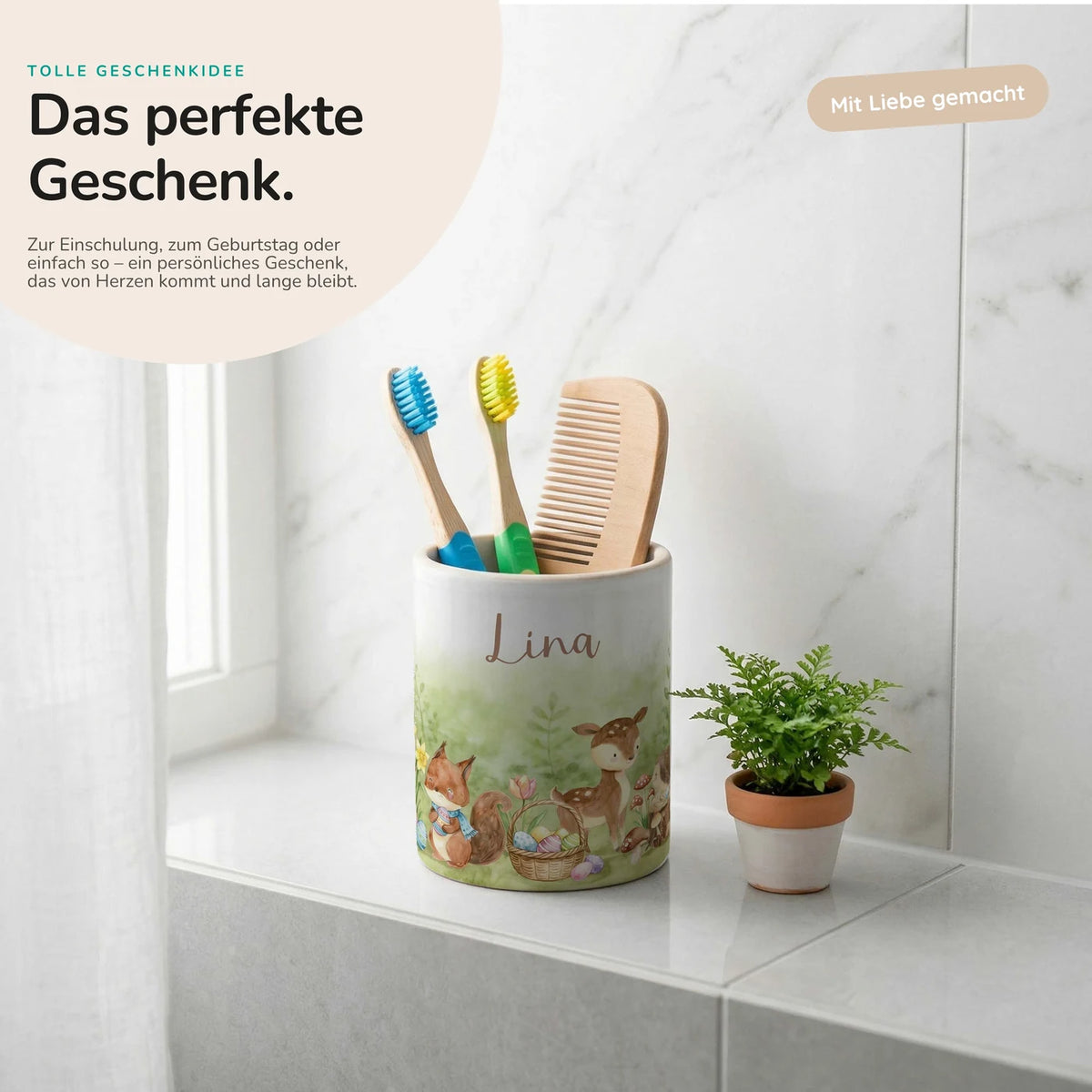 Personalisierter Stiftehalter Ostern Reh & Fuchs – Keramik mit Wunschname