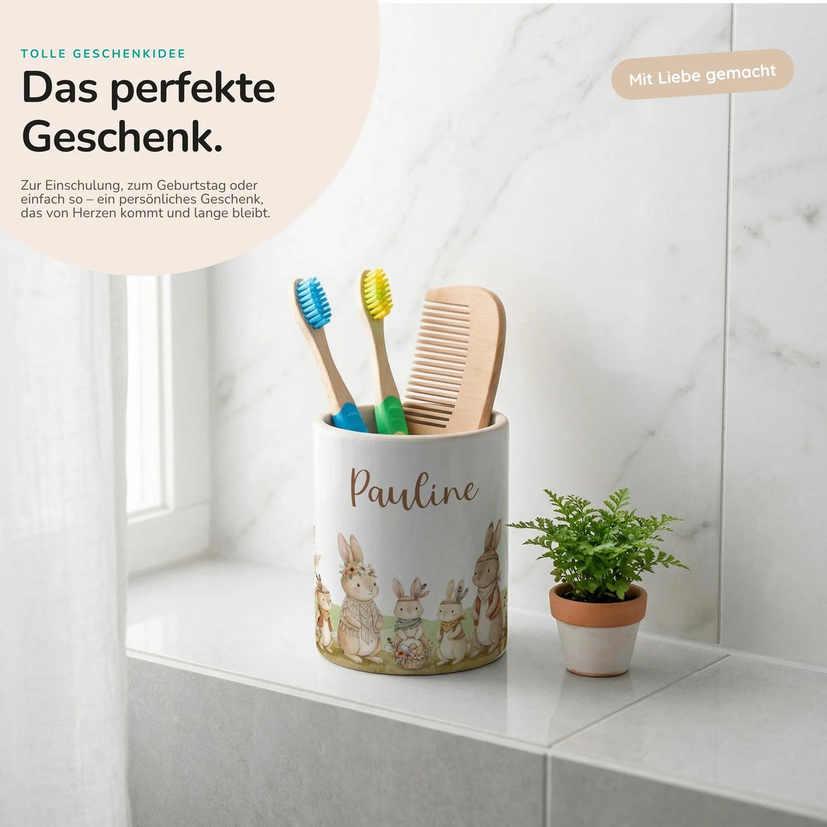 Personalisierter Stiftehalter Boho-Hasen – Keramik mit Wunschname