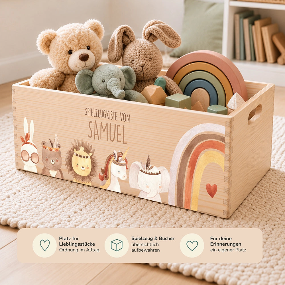 Spielzeugkiste personalisiert mit Namen - Boho Tiere