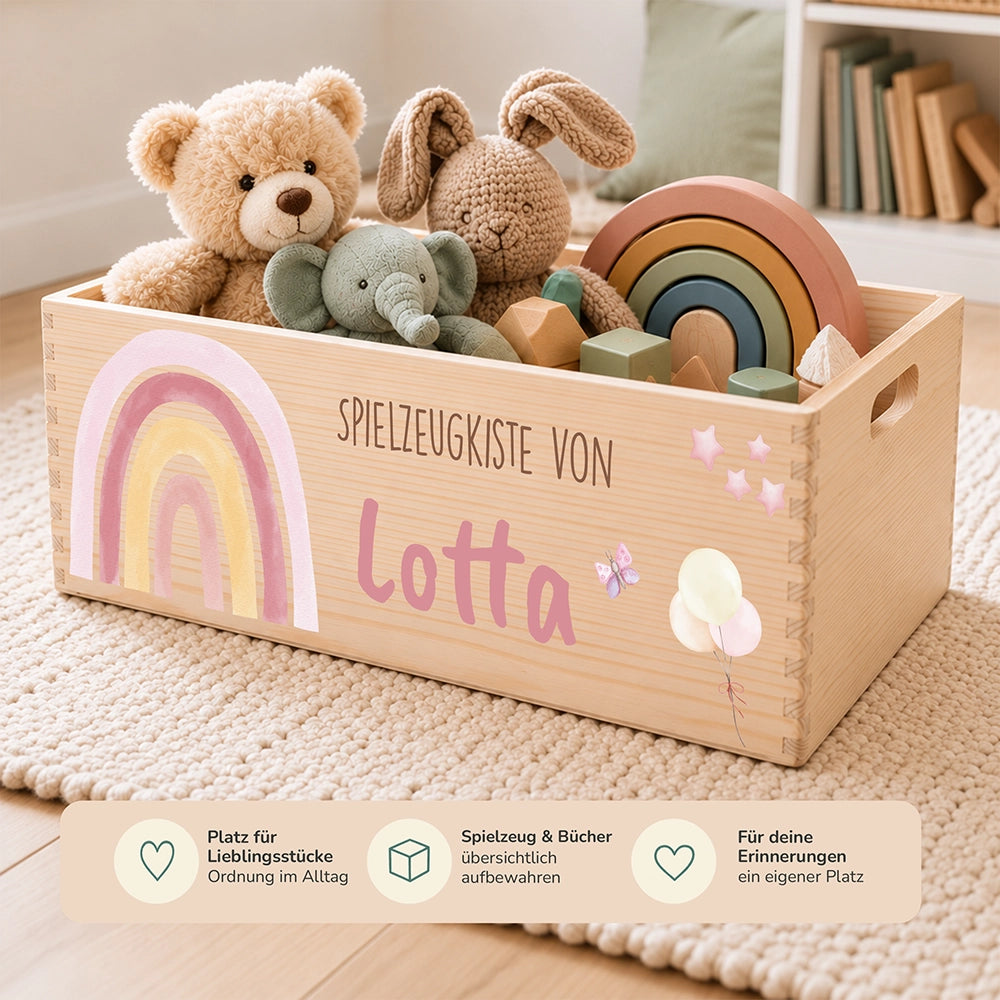 Spielzeugkiste personalisiert mit Namen - Regenbogen
