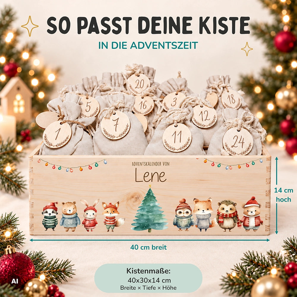 Adventskalender zum Befüllen "Weihnachten mit Tieren und Lichterkette" personalisiert