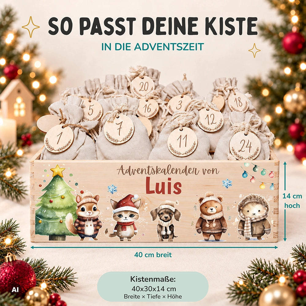 Personalisierter Adventskalender zum Befüllen - Tierfamilie im Winterwald